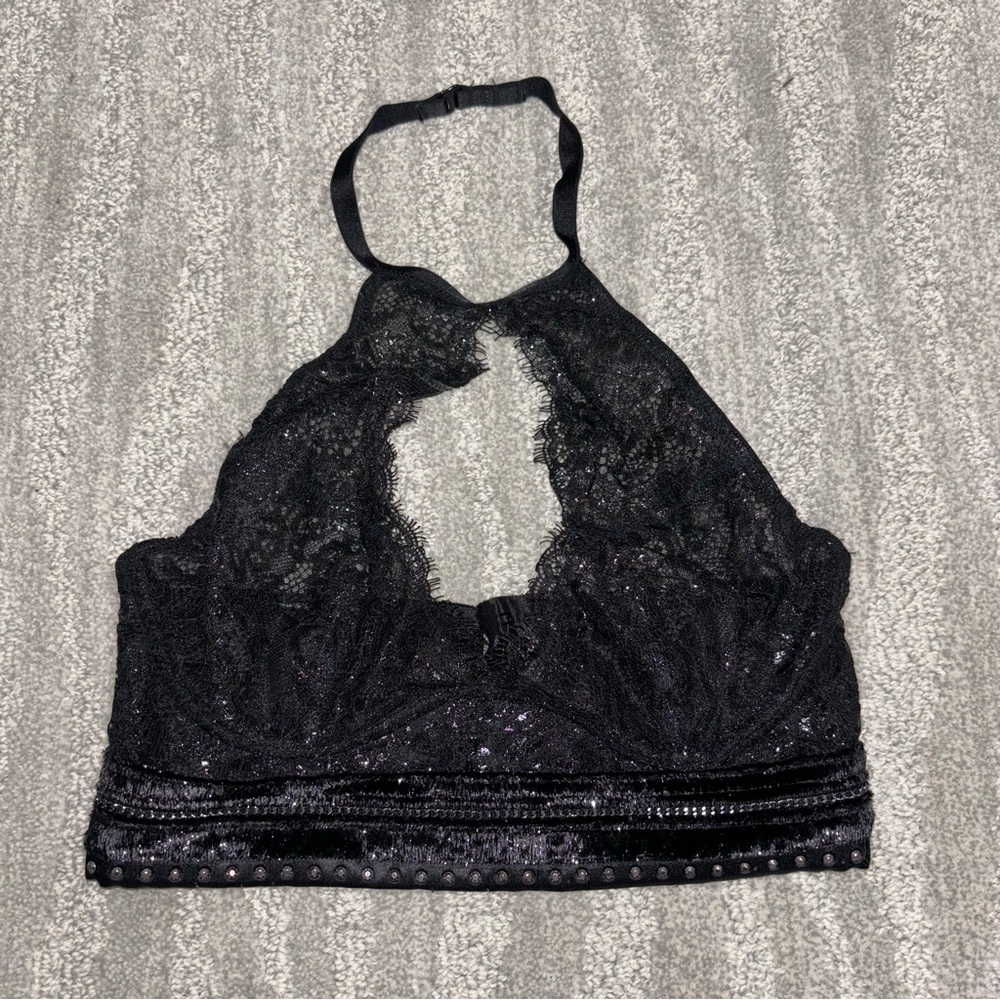 Victoria’s Secret Very Sexy Black Halter Bralette Velvet Lace Rhinestone Sz S